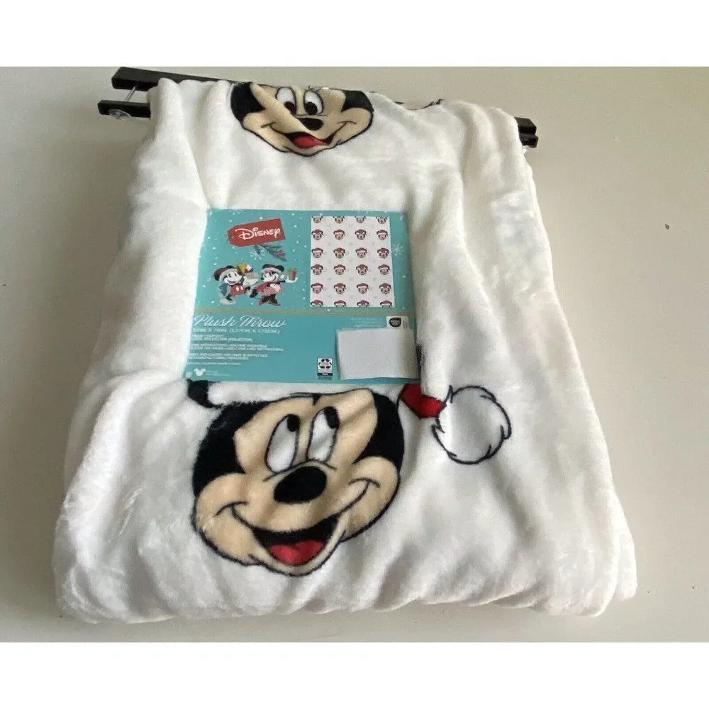 Disney Mickey Minnie Mouse Christmas SanTa Hat Soft Plush Throw‎ Blanket 50x70”